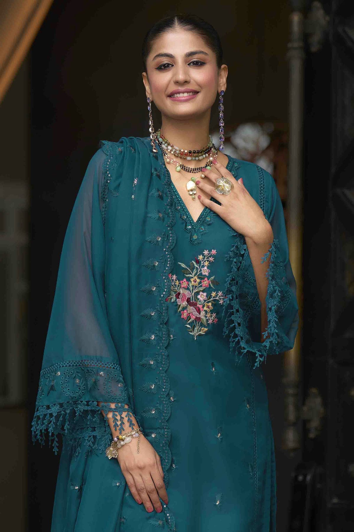 Teal Colour Organza Stitched Pakistani Suit VSSS1140751