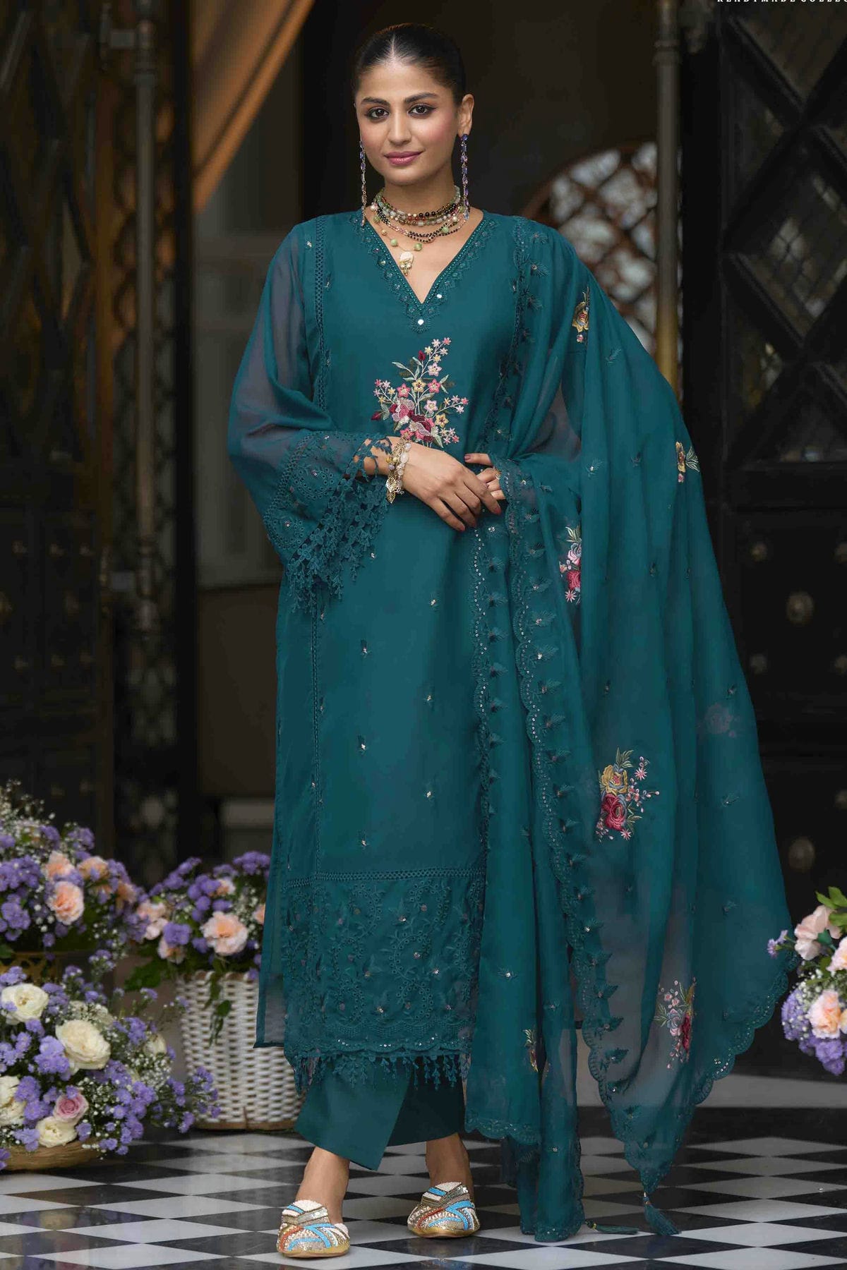 Teal Colour Organza Stitched Pakistani Suit VSSS1140751