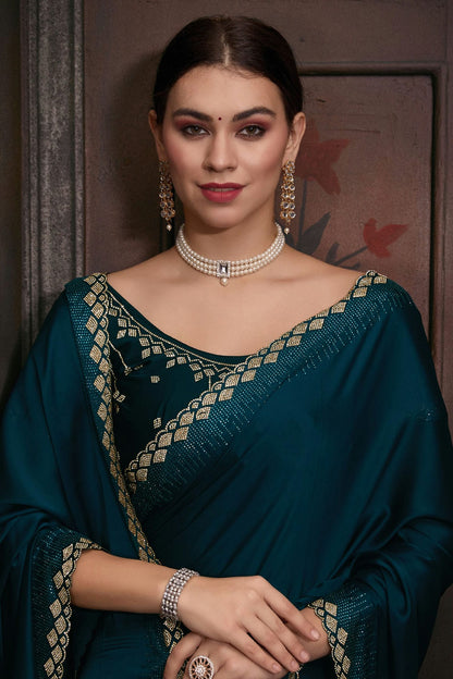 Teal Colour Pure Satin Designer Saree