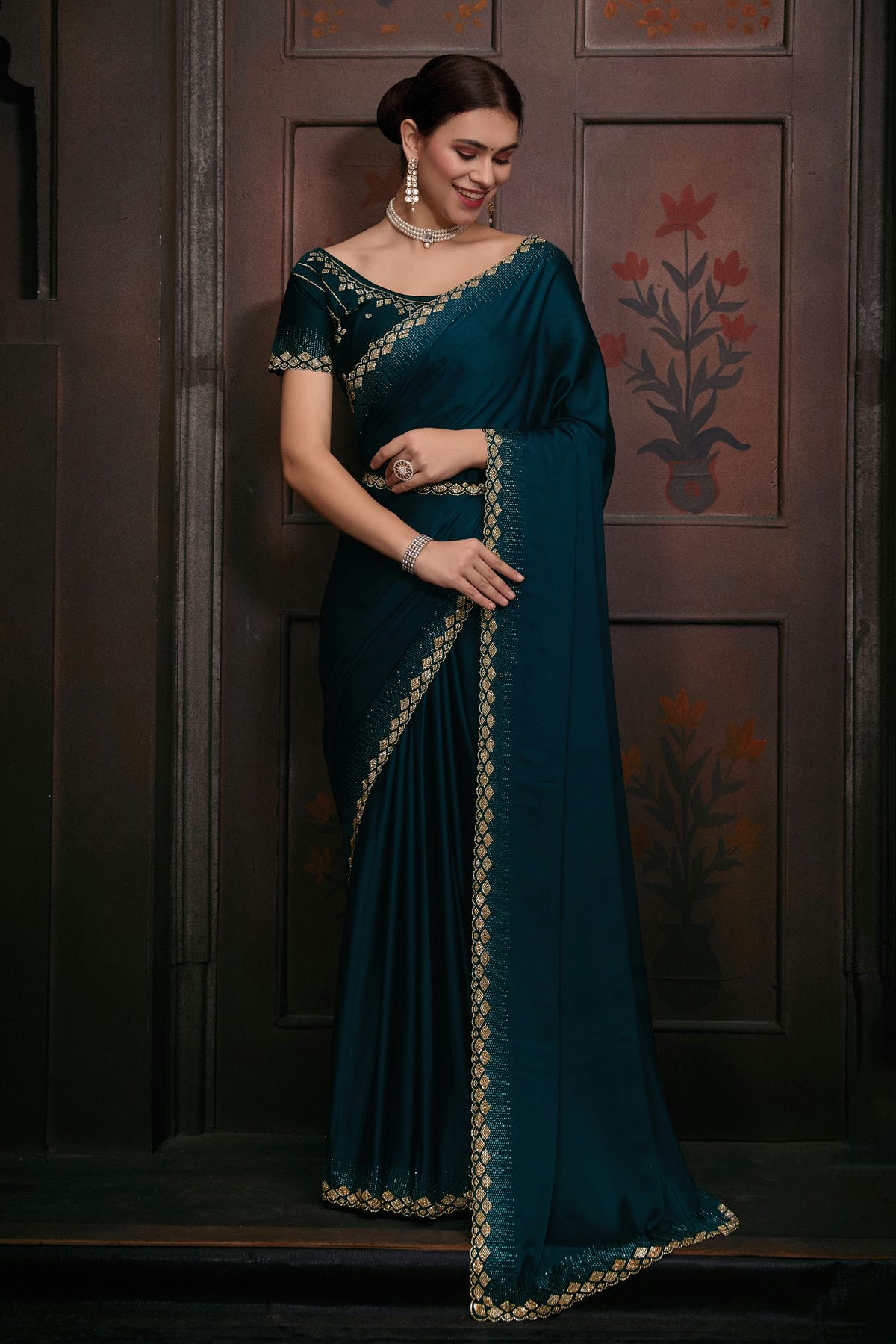 Teal Colour Pure Satin Designer Saree