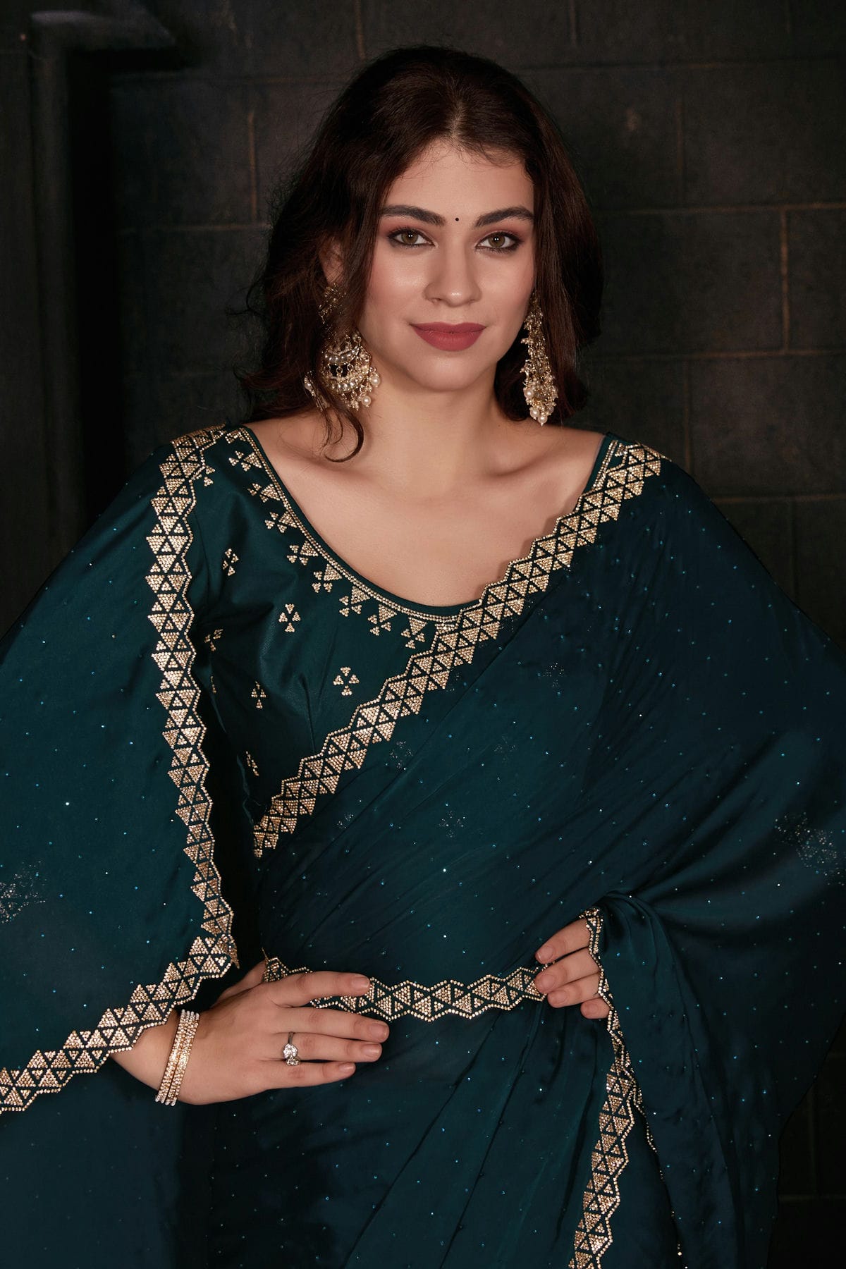 Teal Colour Pure Satin Designer Saree