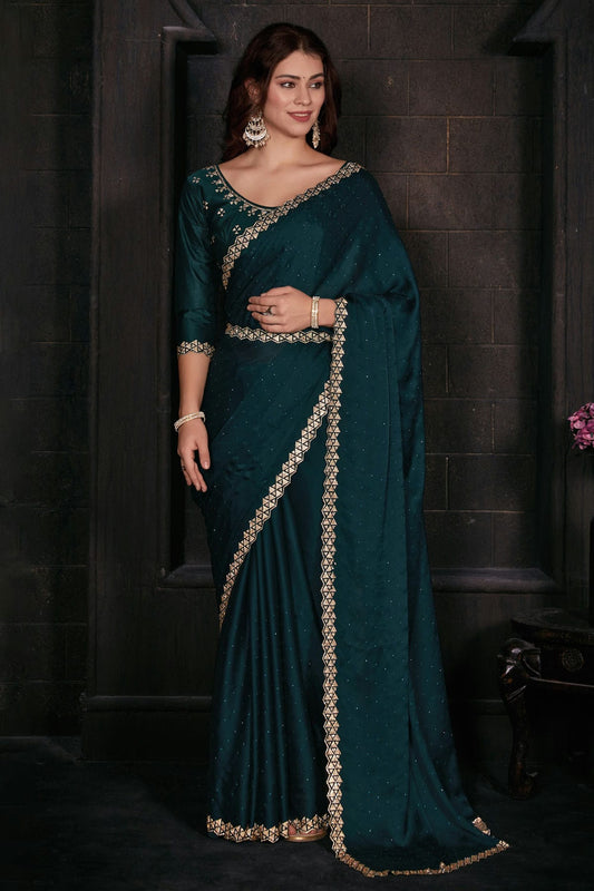 Teal Colour Pure Satin Designer Saree