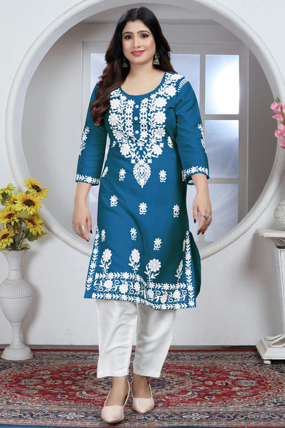 Teal Colour Rayon Kurta And Pant Set