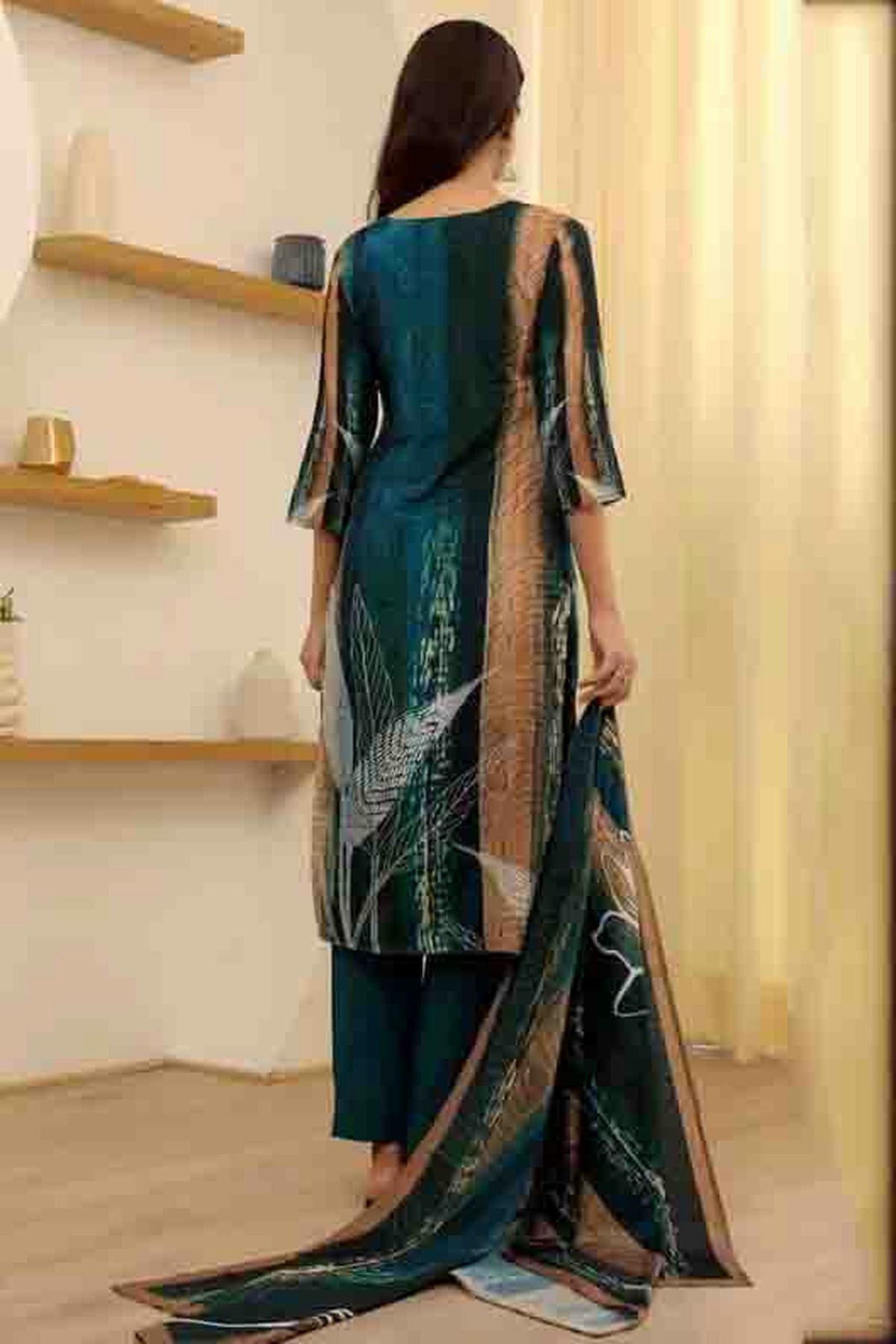 Teal Colour Rayon Slub Stitched Pant Style Suit VSSS1140745