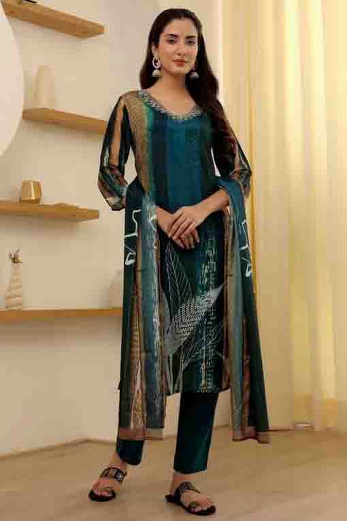 Teal Colour Rayon Slub Stitched Pant Style Suit VSSS1140745