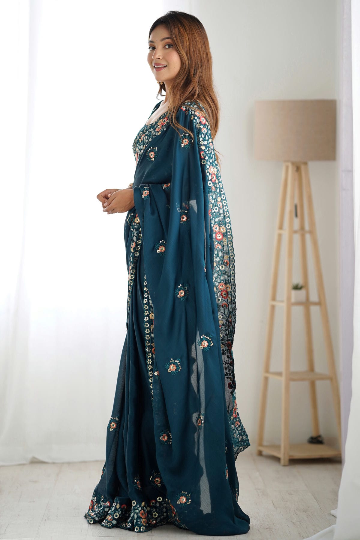 Teal Colour Satin Chiffon Designer Saree