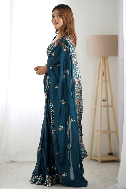 Teal Colour Satin Chiffon Designer Saree VSSD1111852