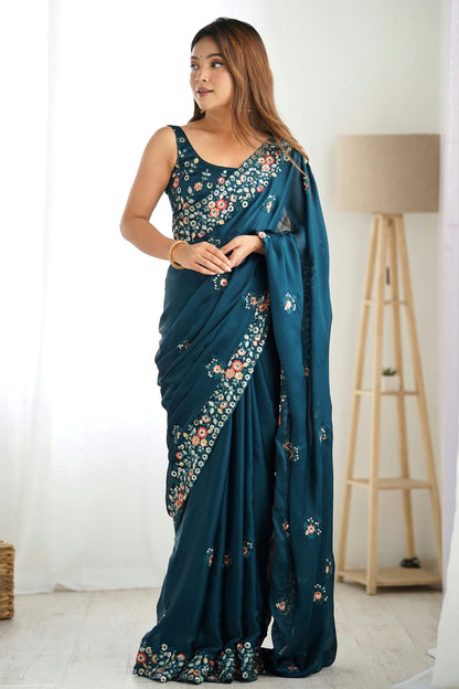 Teal Colour Satin Chiffon Designer Saree