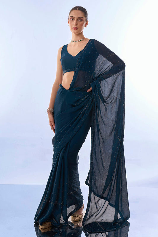 Teal Colour Satin Chiffon Saree