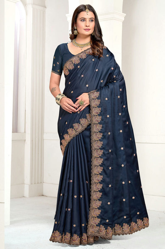 Teal Colour Satin Designer Saree