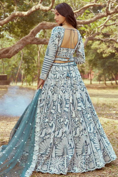 Teal Colour Satin Embroidery Lehenga Choli VSLC1111384