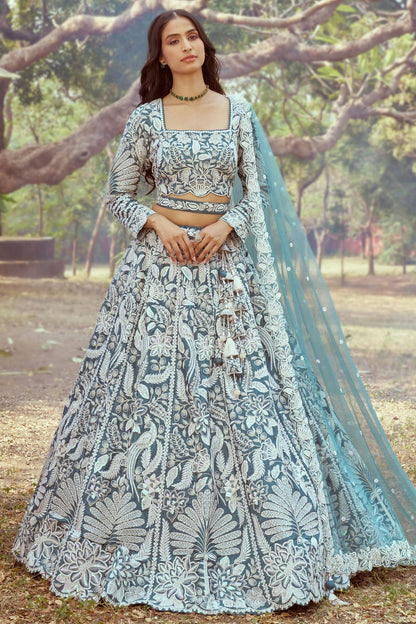 Teal Colour Satin Embroidery Lehenga Choli