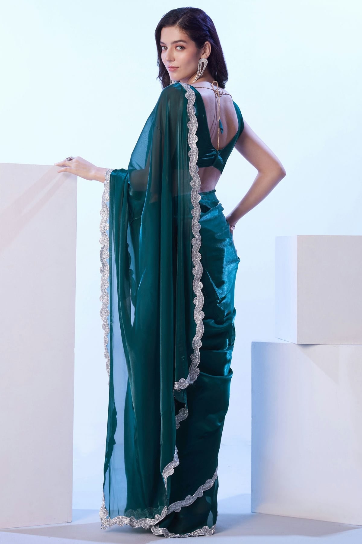 Teal Colour Satin Jimmy Choo Designer Saree VSSD1112617