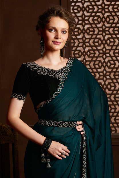 Teal Colour Satin Silk Chiffon Designer Saree