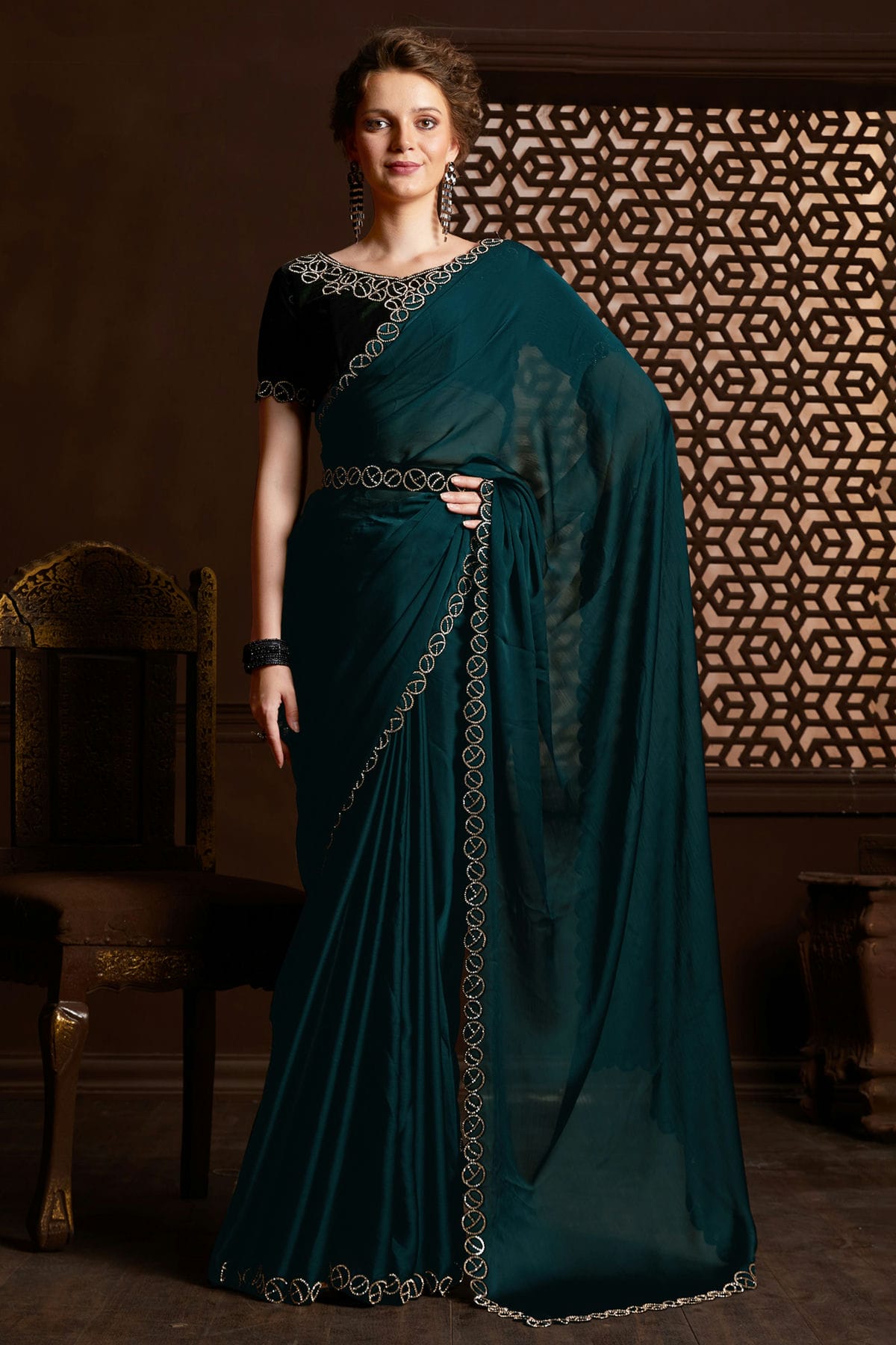 Teal Colour Satin Silk Chiffon Designer Saree