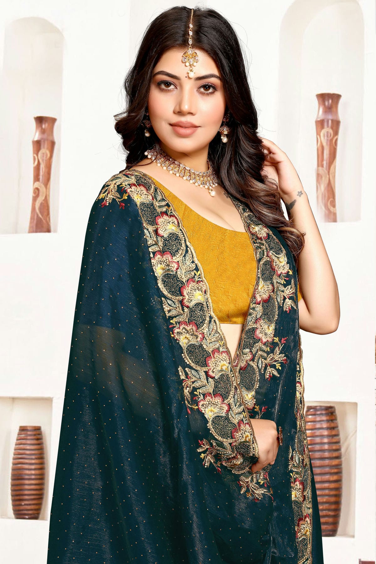 Teal Colour Satin Silk Designer Saree