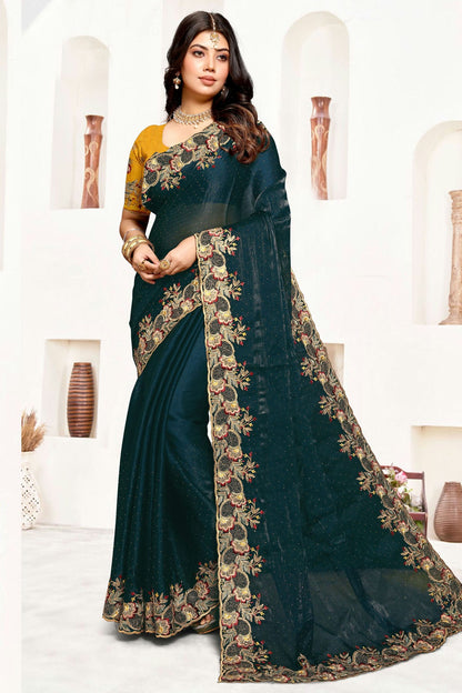 Teal Colour Satin Silk Designer Saree