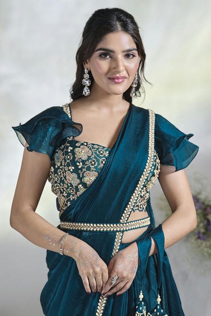 Teal Colour Satin Silk Ready To Wear Saree