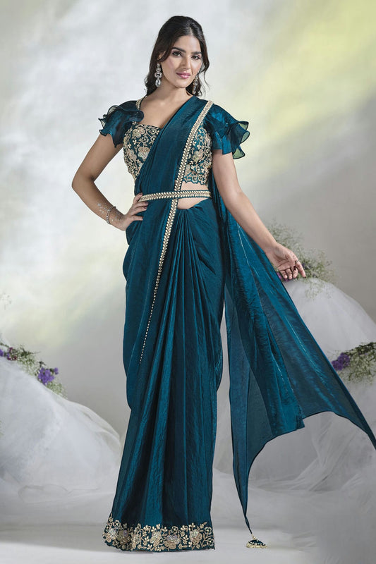 Teal Colour Satin Silk Ready To Wear Saree