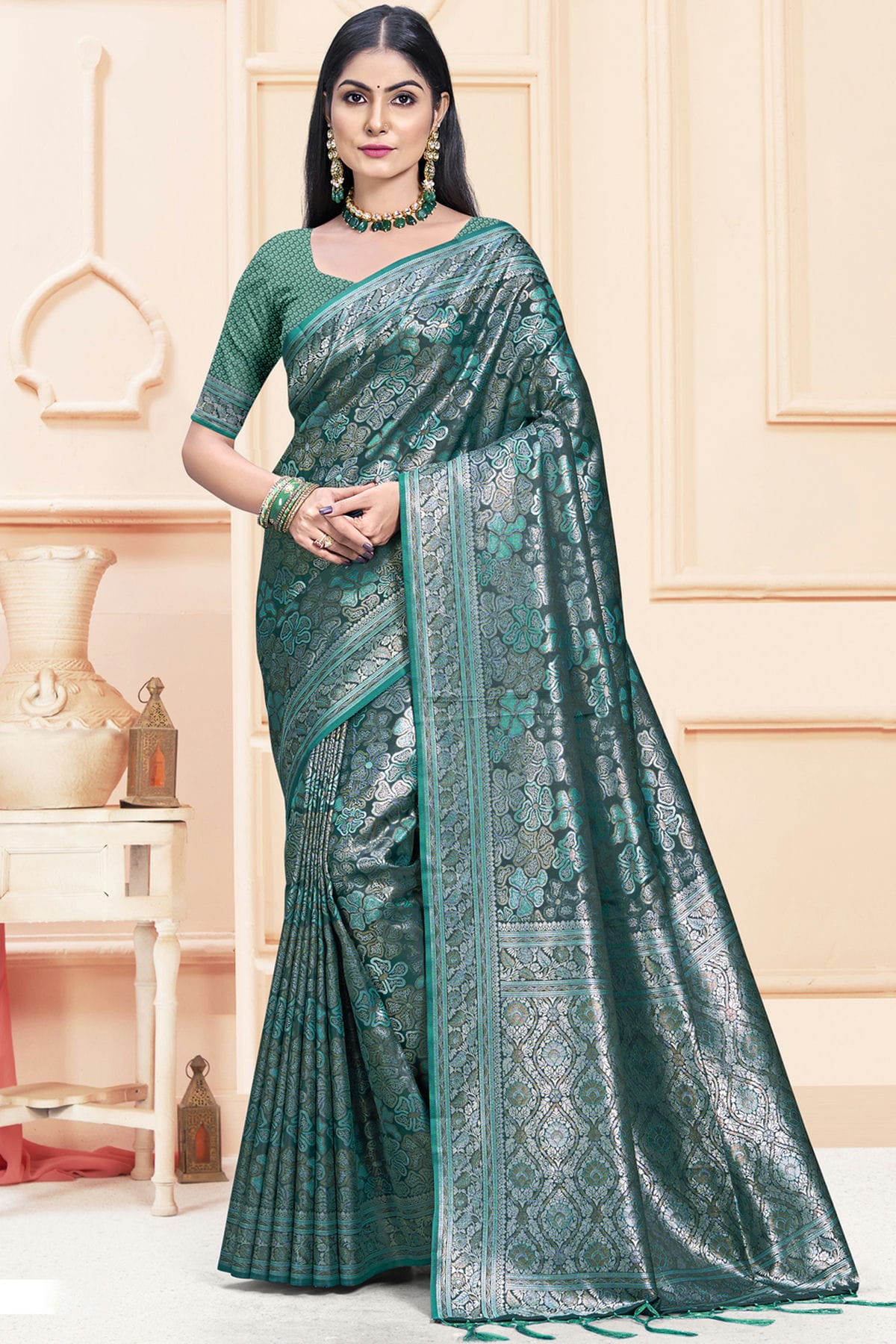 Teal Colour Satin Silk Traditional Saree