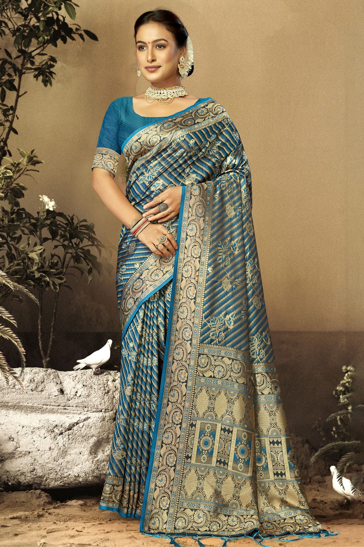 Teal Colour Satin Silk Traditional Saree