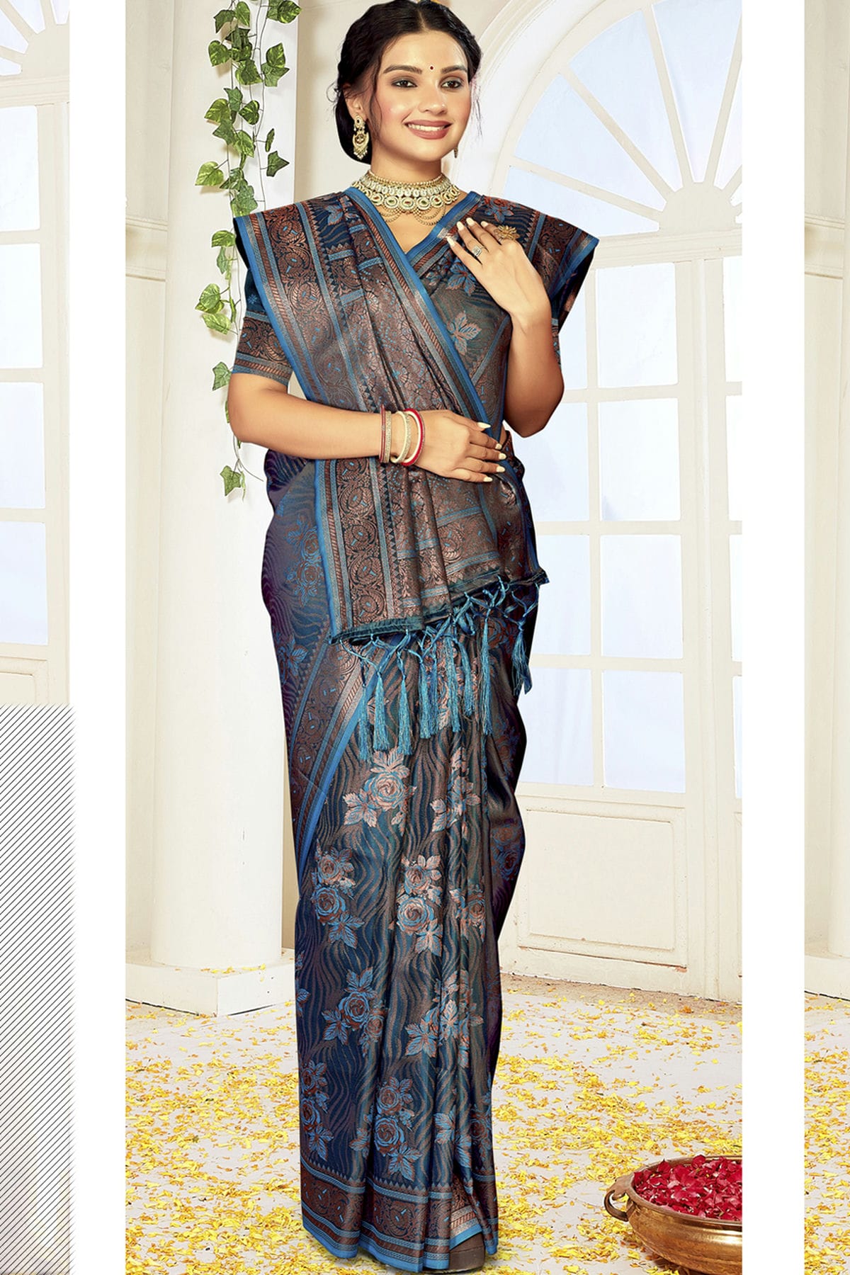 Teal Colour Satin Silk Traditional Saree