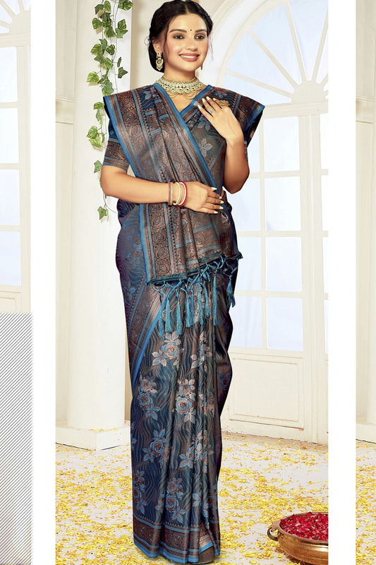 Teal Colour Satin Silk Traditional Saree