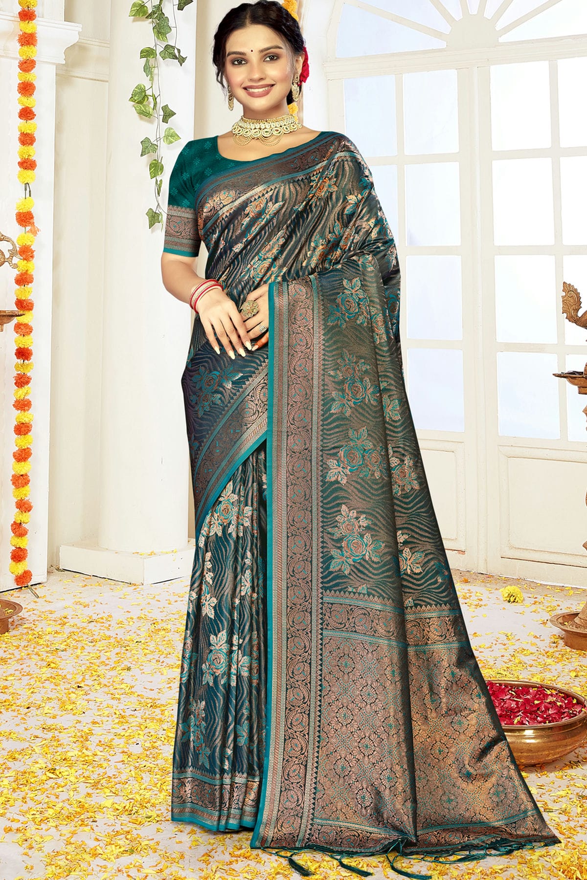 Teal Colour Satin Silk Traditional Saree