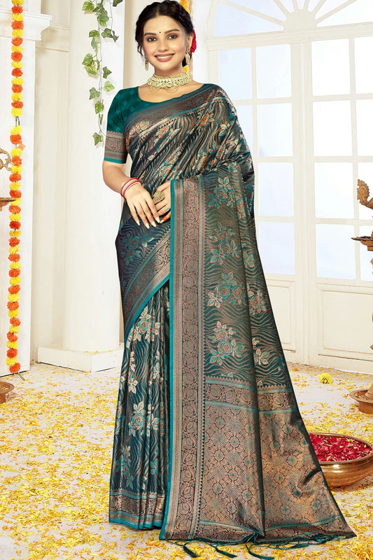 Teal Colour Satin Silk Traditional Saree