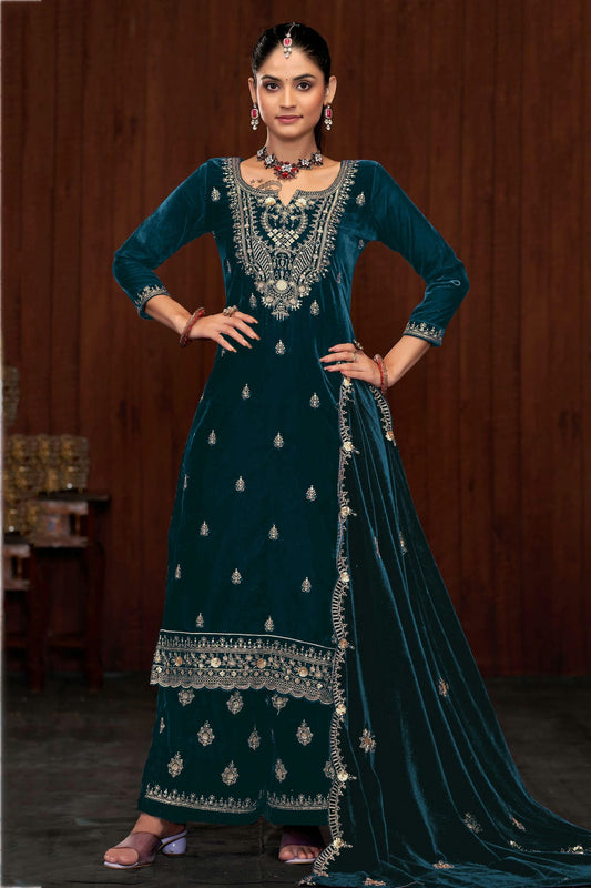 Teal Colour Semi Stitched 9000 Velvet Palazzo Pant Suit