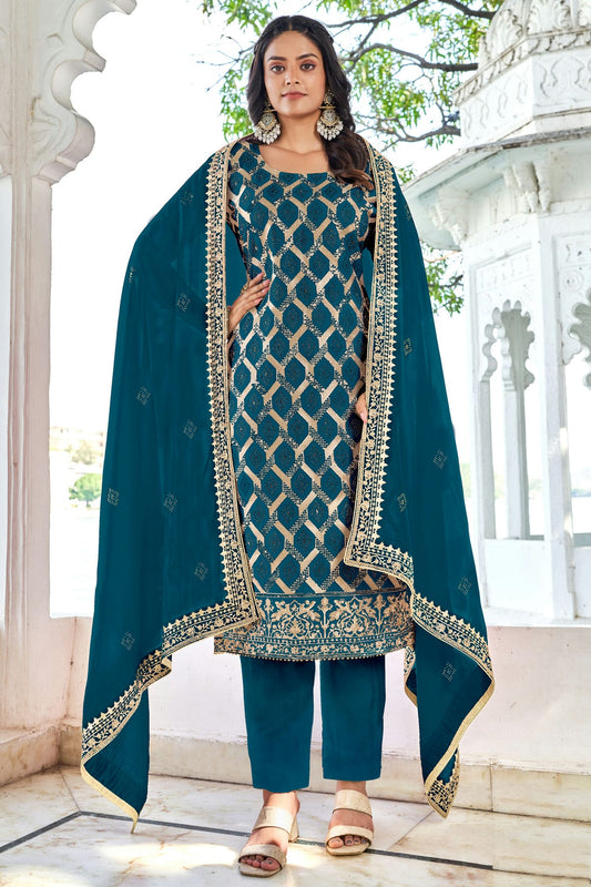 Teal Colour Semi Stitched Blooming Vichitra Pant Style Suit