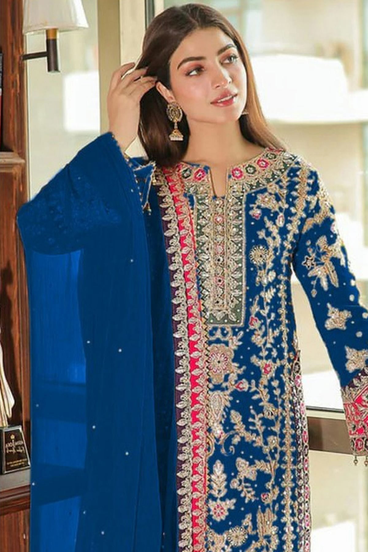 Teal Colour Semi Stitched Chinon Silk Pakistani Suit