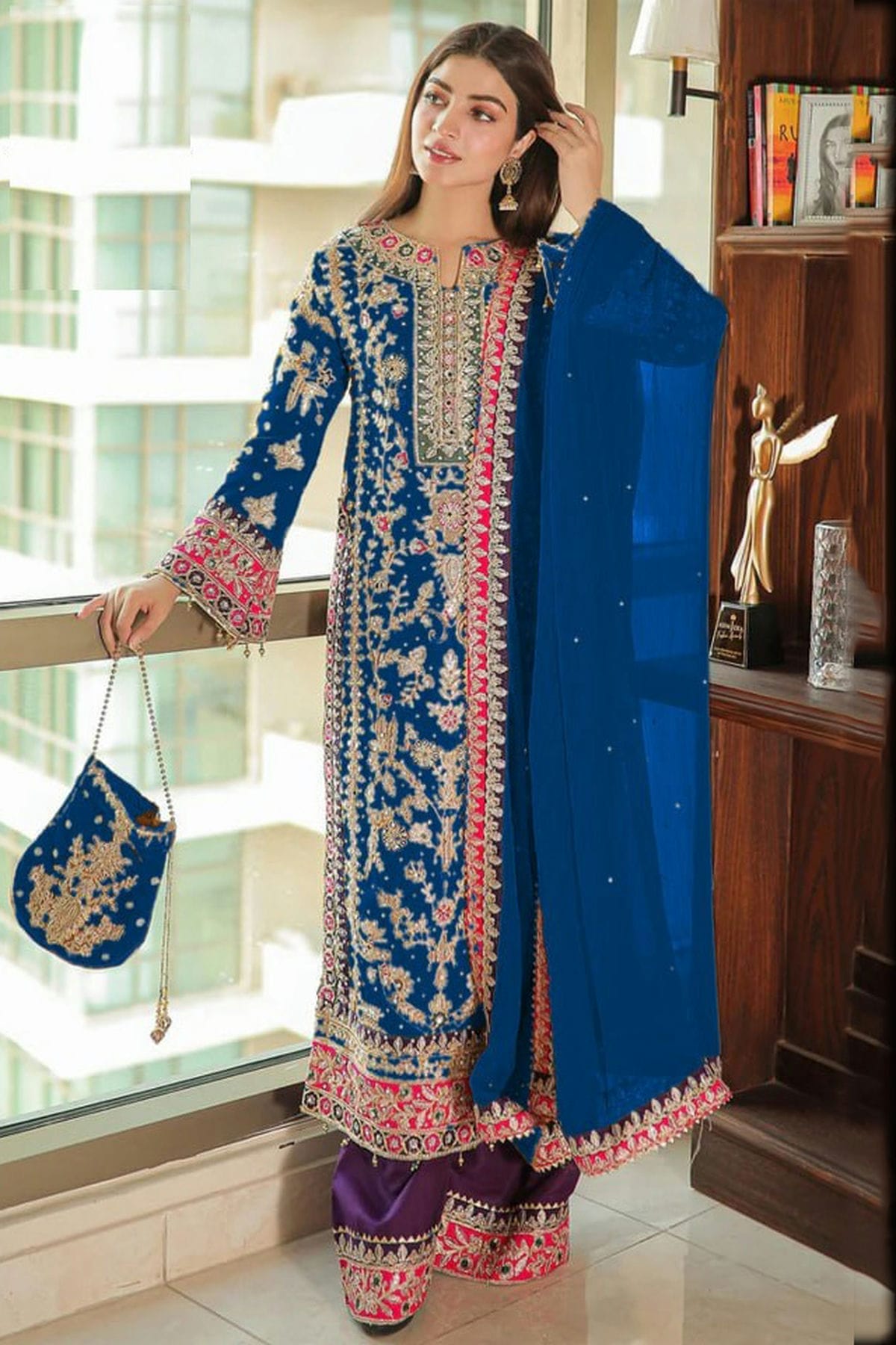 Teal Colour Semi Stitched Chinon Silk Pakistani Suit