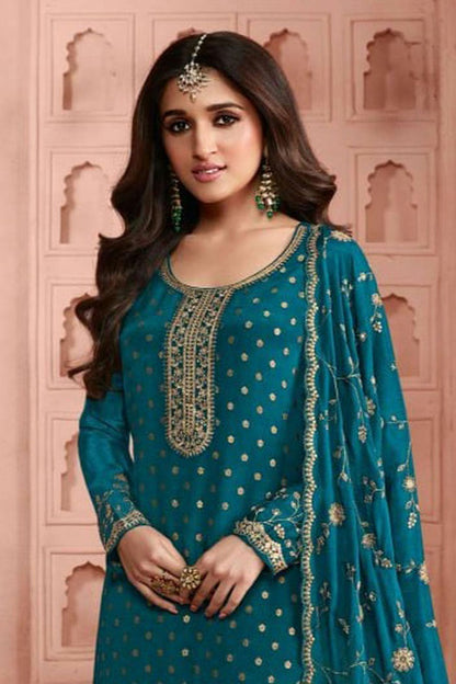 Teal Colour Semi Stitched Dola Jacquard Silk Pant Style Suit