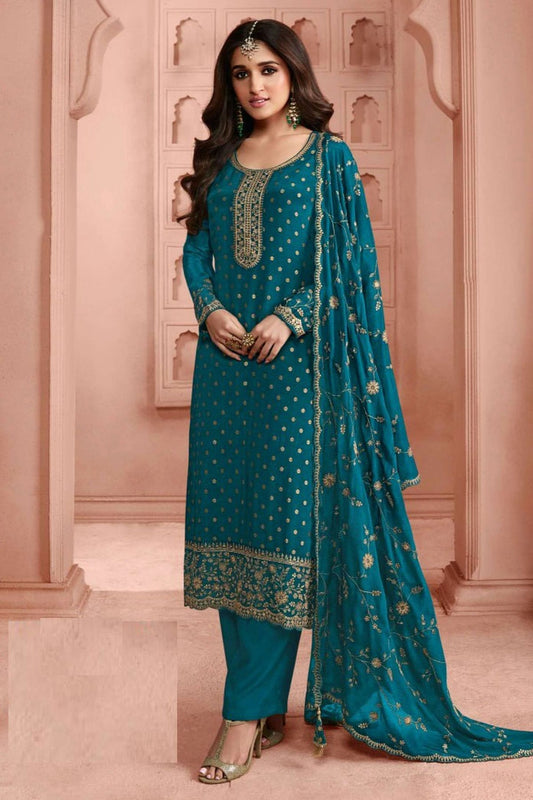 Teal Colour Semi Stitched Dola Jacquard Silk Pant Style Suit