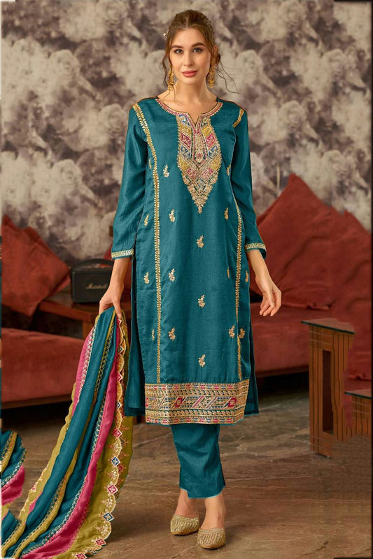 Teal Colour Semi Stitched Faux Georgette Pant Style Suit