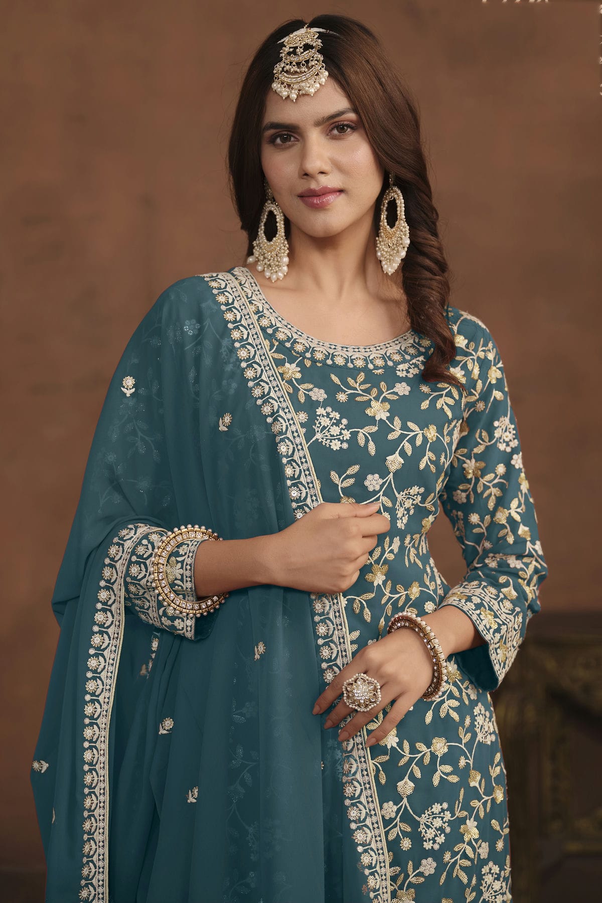 Teal Colour Semi Stitched Faux Georgette Sharara Suit