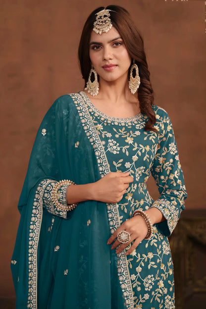 Teal Colour Semi Stitched Faux Georgette Sharara Suit