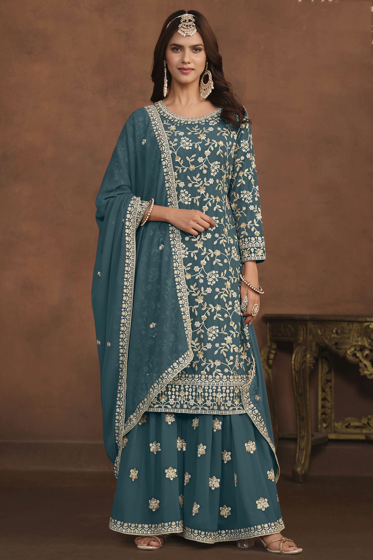 Teal Colour Semi Stitched Faux Georgette Sharara Suit