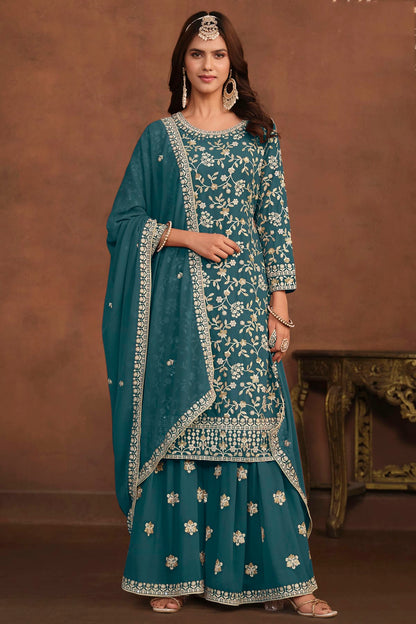 Teal Colour Semi Stitched Faux Georgette Sharara Suit