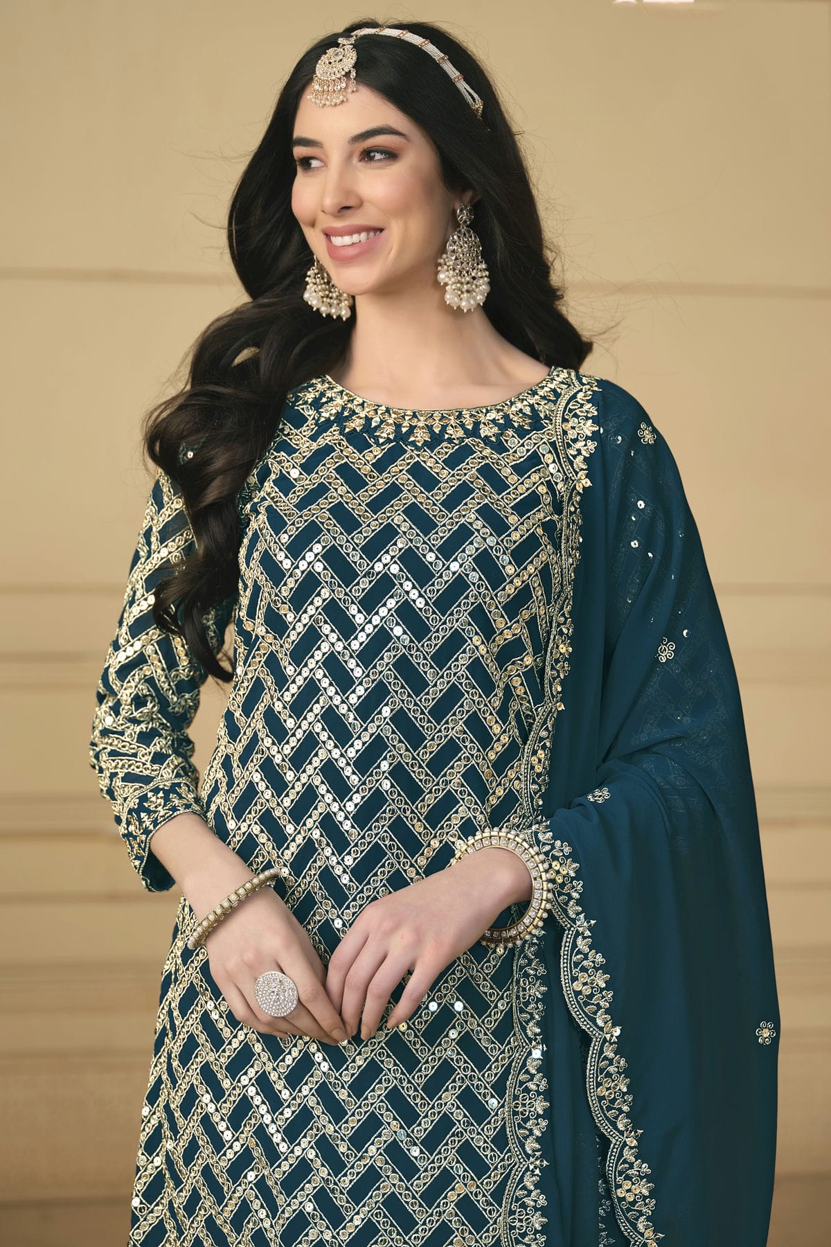 Teal Colour Semi Stitched Faux Georgette Sharara Suit