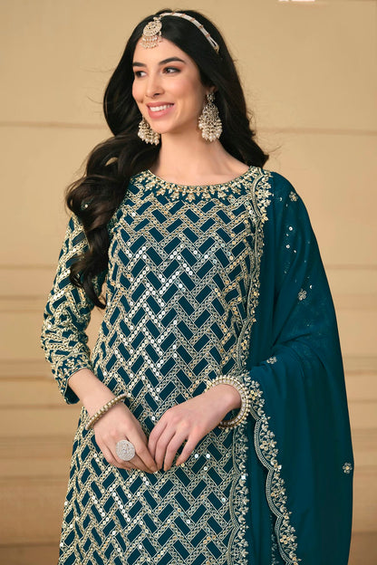 Teal Colour Semi Stitched Faux Georgette Sharara Suit