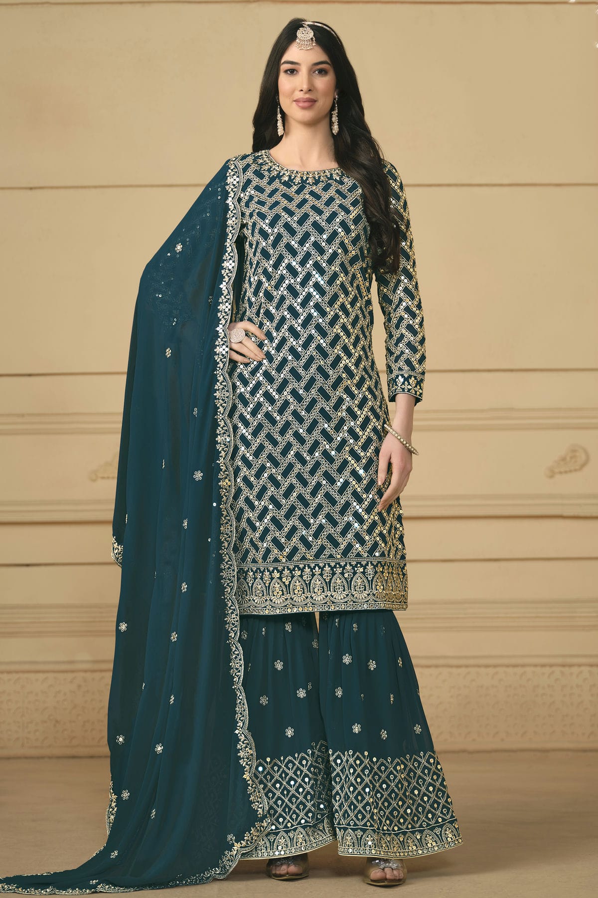 Teal Colour Semi Stitched Faux Georgette Sharara Suit