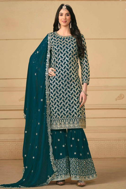 Teal Colour Semi Stitched Faux Georgette Sharara Suit