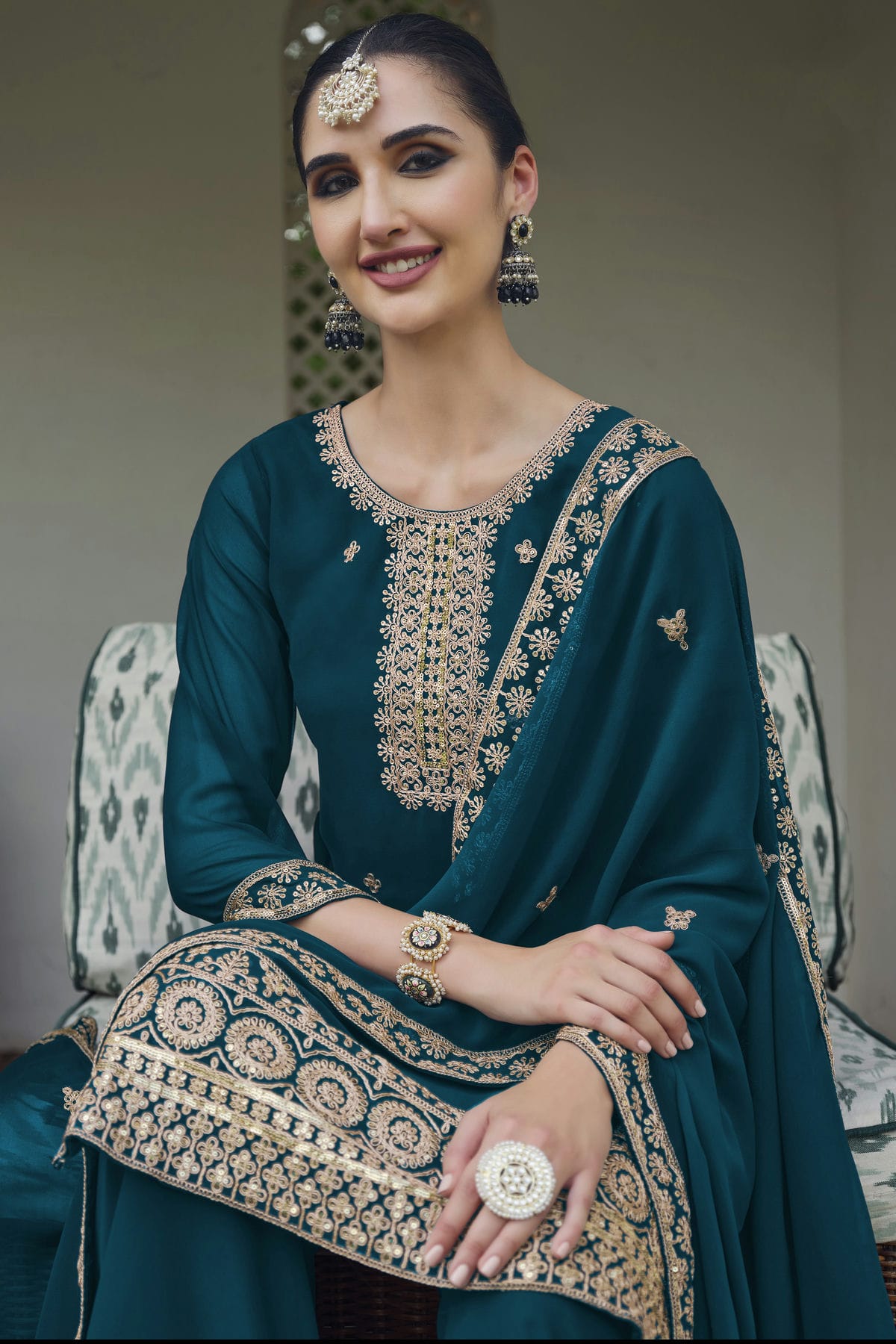 Teal Colour Semi Stitched Georgette Palazzo Pant Suit