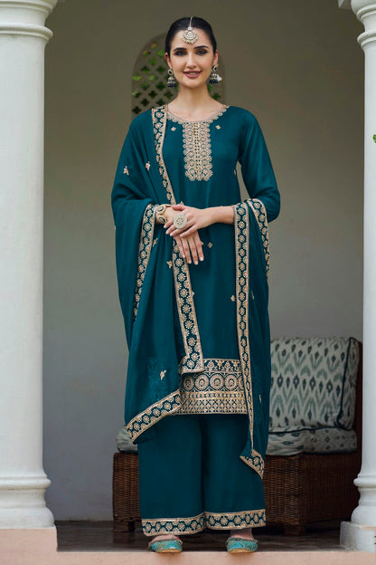 Teal Colour Semi Stitched Georgette Palazzo Pant Suit