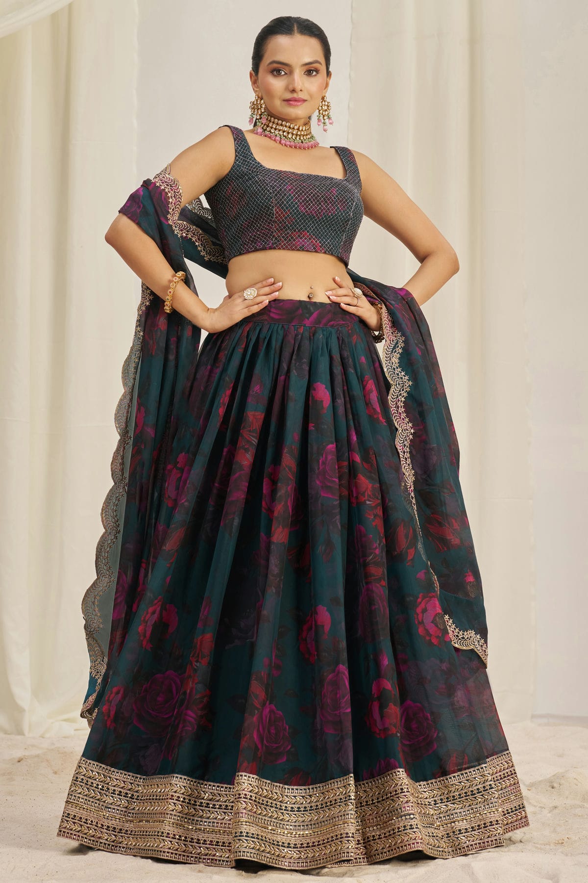 Teal Colour Semi Stitched Organza Lehenga Choli