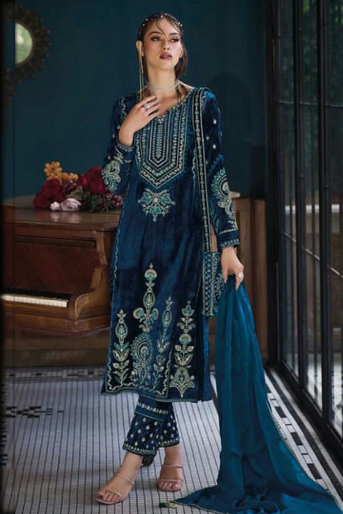 Teal Colour Semi Stitched Pure Viscose Velvet Pant Style Suit