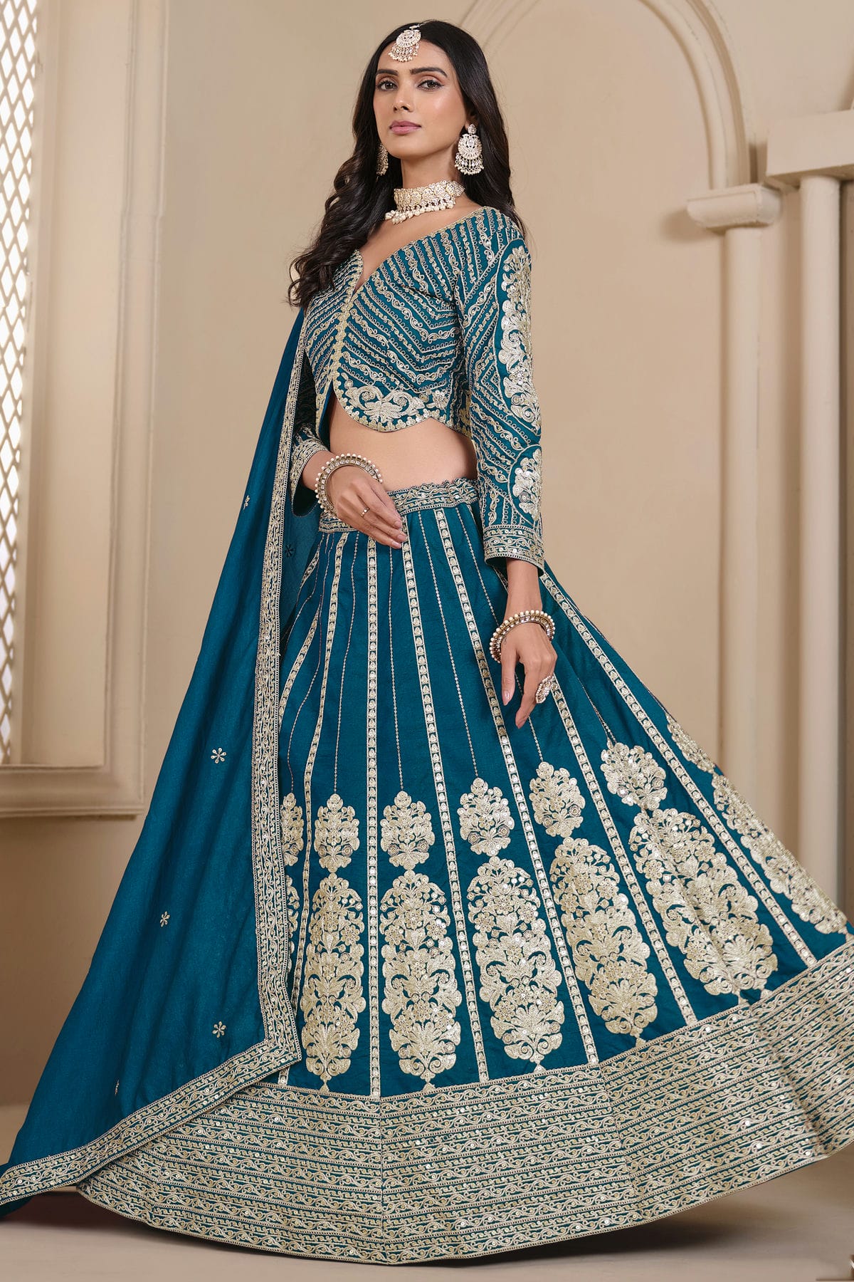 Teal Colour Semi Stitched Shimmer Art Silk Lehenga Choli