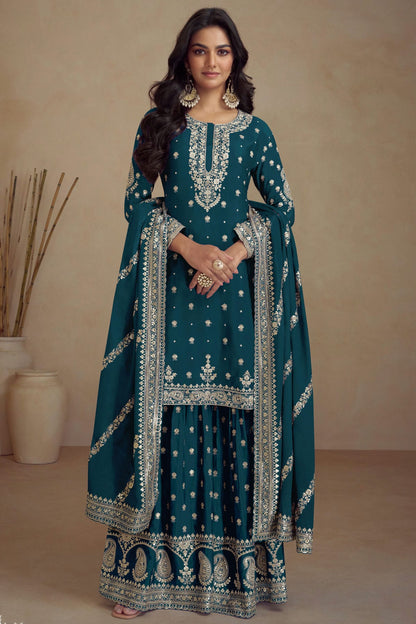 Teal Colour Semi Stitched Silk Palazzo Pant Suit VSSM1140670